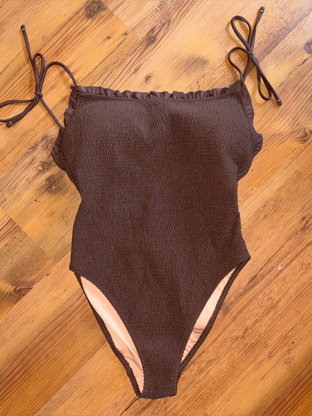 J. Crew Smocked Brown tie-shoulder one-piece swimsuit NEW with tag 10
